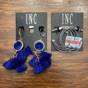 2 pairs of INC earrings - electric blue drops  & silver hoops. Never worn. NWT